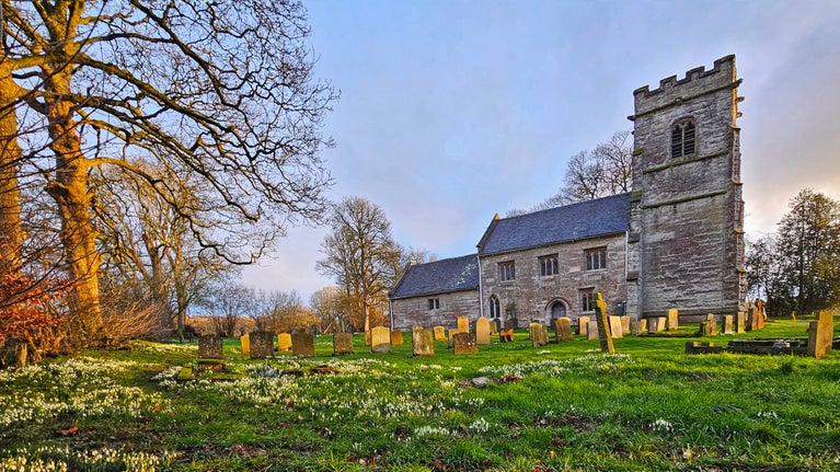 A view of St Michael's Church, Baddesley Clinton, Warwickshire, in early springtime, showing carpets of snowdrops.